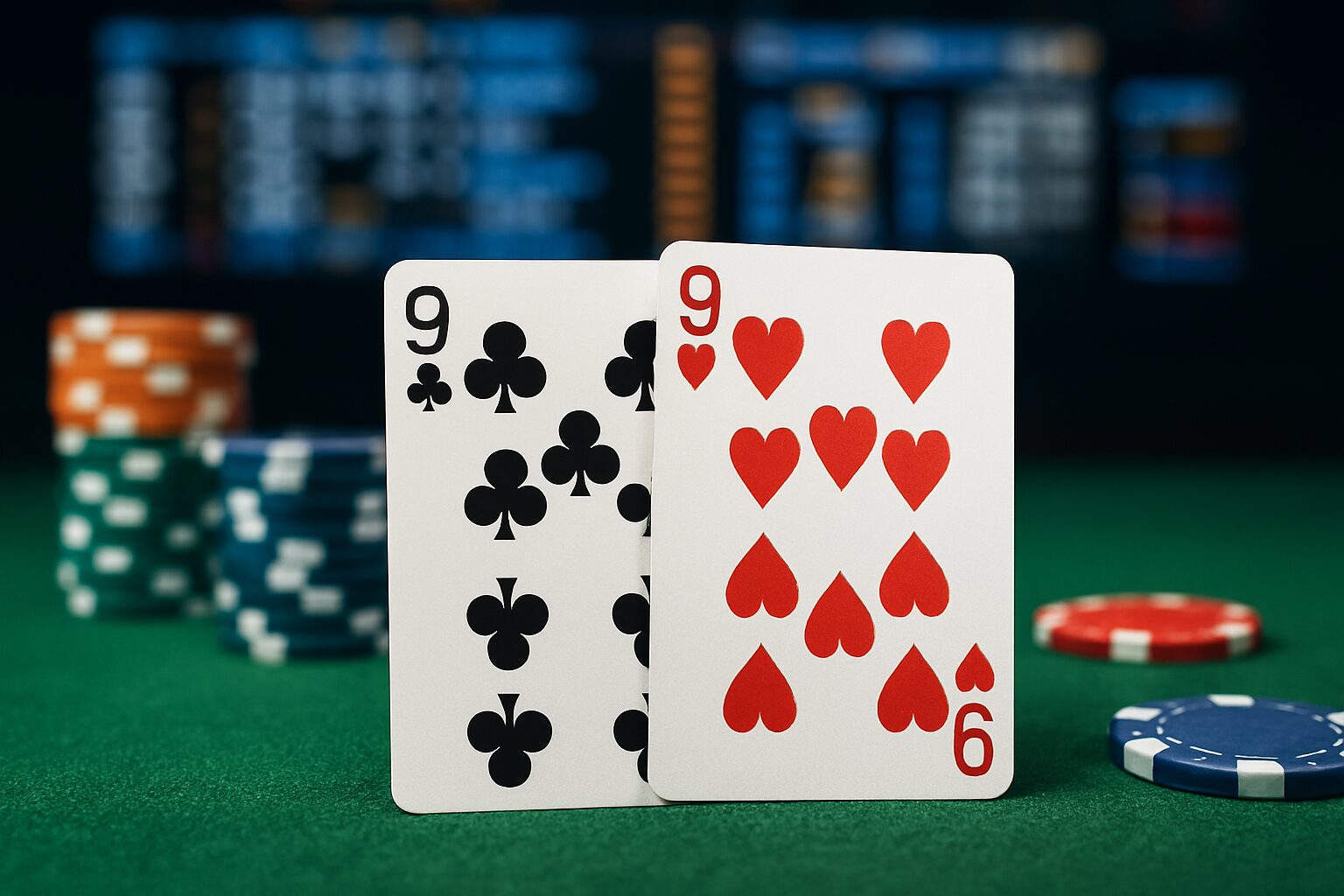 Close-up of two playing cards representing a pair of nines, with poker chips in the background on a green table.