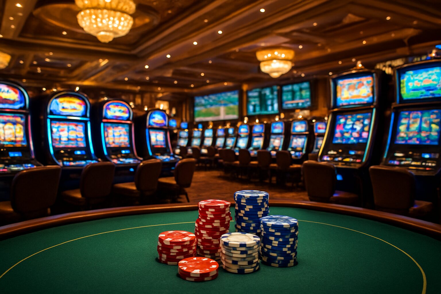 Close-up of poker chips on a table with a colorful casino environment in the background, showcasing gaming machines and