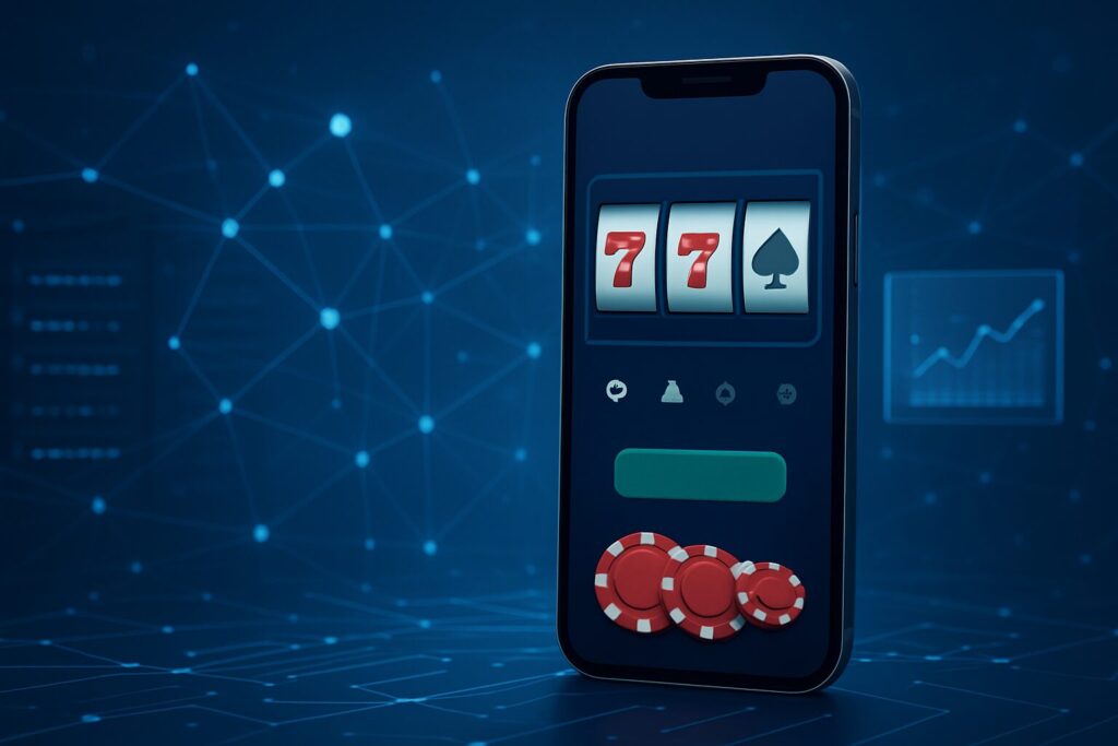 smartphone displaying a slot machine game with poker chips
