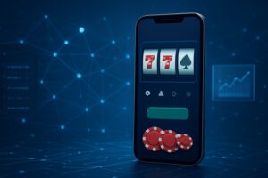 smartphone displaying a slot machine game with poker chips