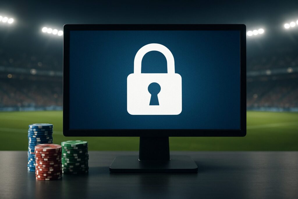 A computer screen displaying a padlock symbol, with poker chips in the foreground, set against a blurred stadium backgro